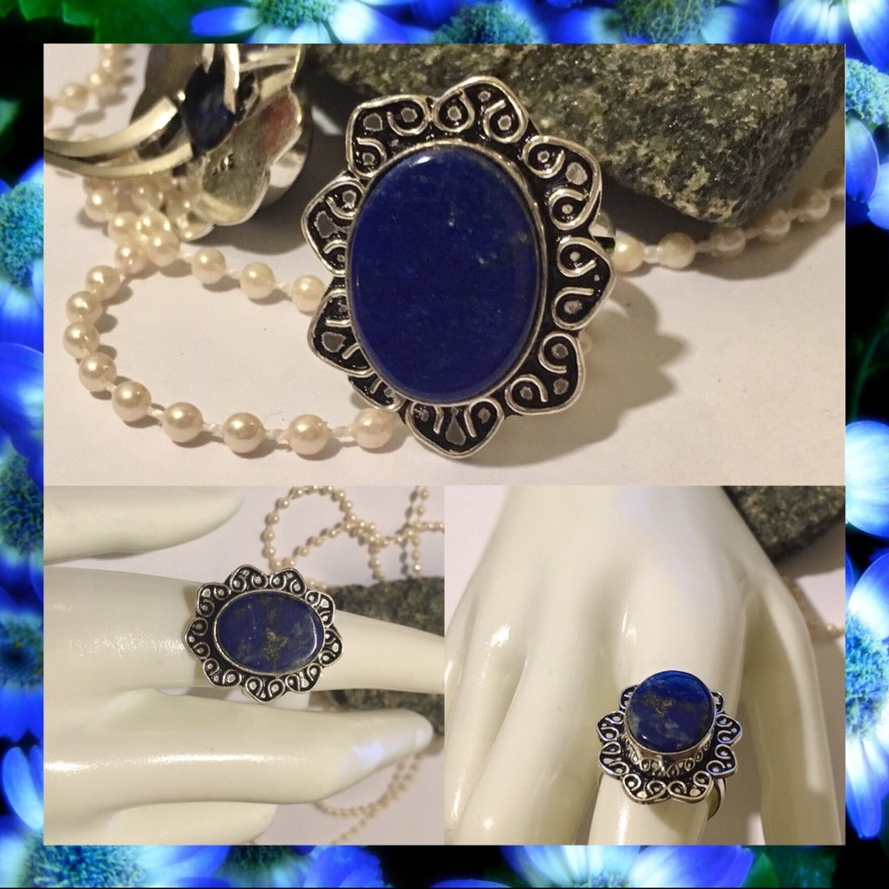 •Lovely• Lapis Lazuli Gemstone Handmade Halo Ring - Picture 2 of 5